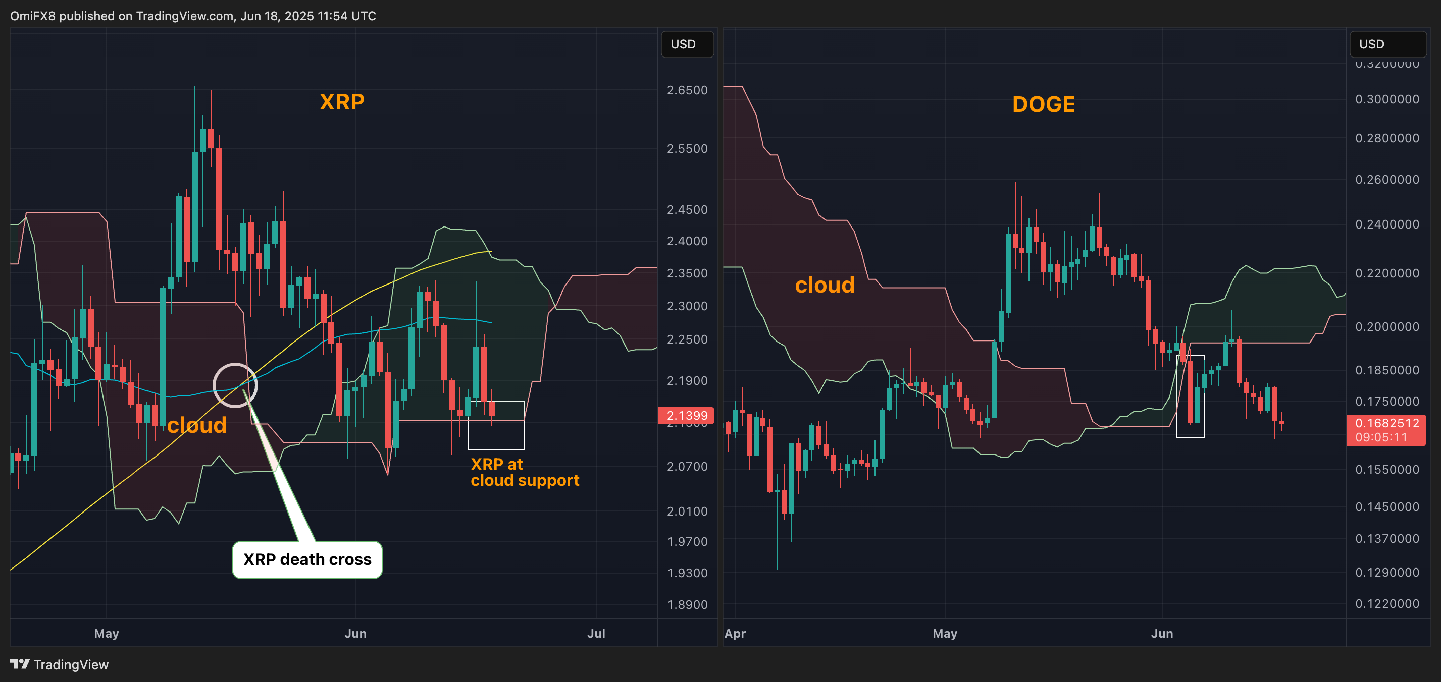 XRP，DOGE价格图。(TradingView/CoinDesk)