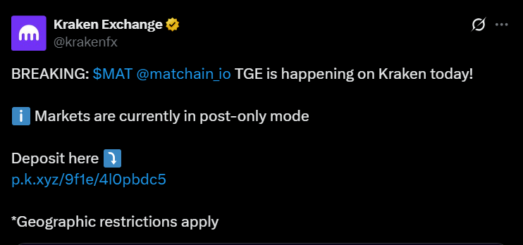 Matchain TGE在Kraken