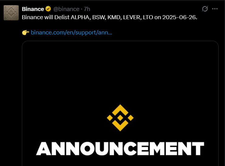 Binance 下架 ALPHA 代币
