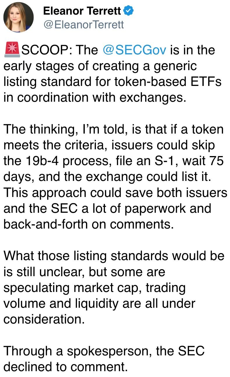 @SECGov 正在与交易所协调，处于为基于代币的ETF创建通用上市标准的早期阶段。
