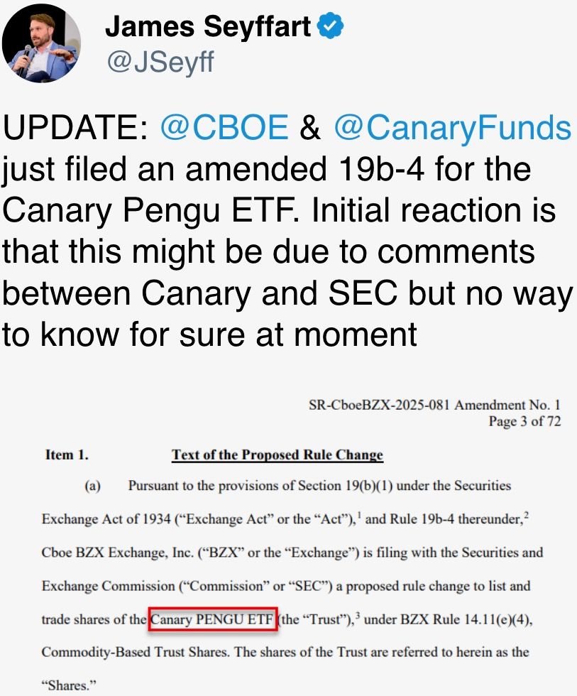CBOE & CanaryFunds just filed an amended 19b-4 for the Canary Pengu ETF. CBOE & CanaryFunds just filed an amended 19b-4 for the Canary Pengu ETF.
