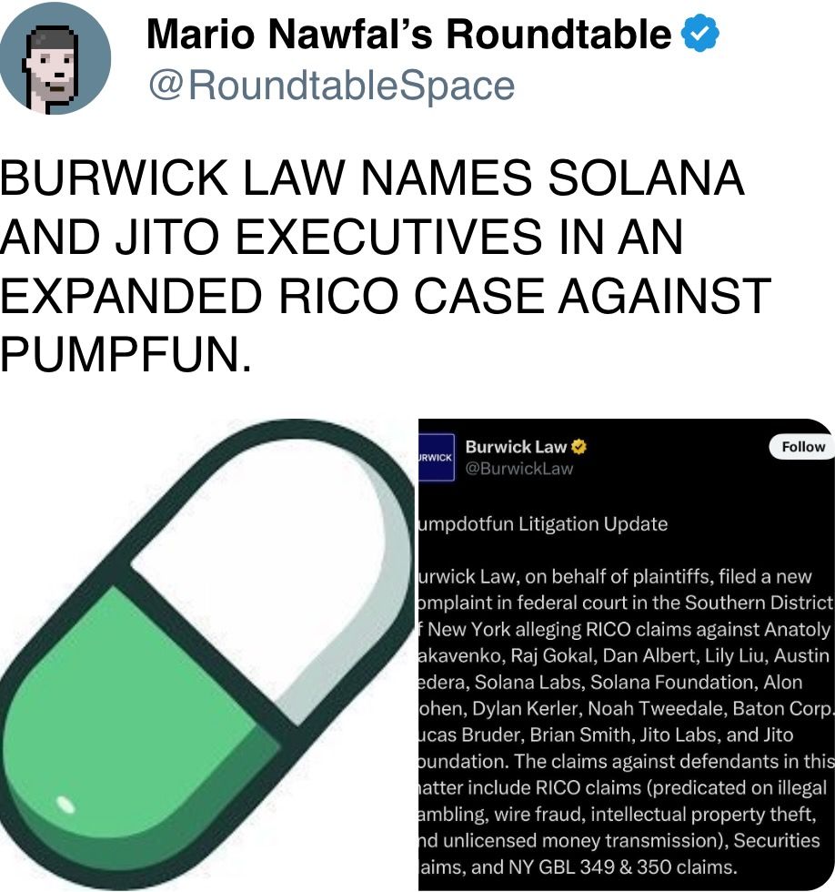 BURWICK LAW NAMES SOLANA AND JITO EXECUTIVES IN AN EXPANDED RICO CASE AGAINST PUMPFUN. BURWICK LAW NAMES SOLANA AND JITO EXECUTIVES IN AN EXPANDED RICO CASE AGAINST PUMPFUN.