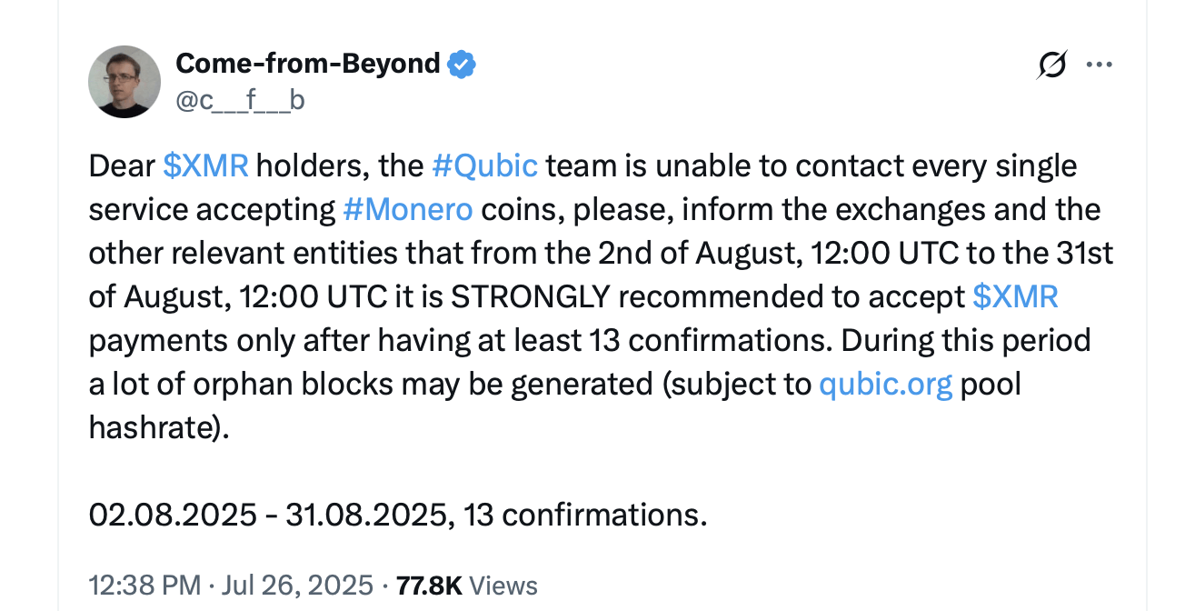 Monero Faces Looming 51% Attack Threat From Rival Blockchain Qubic