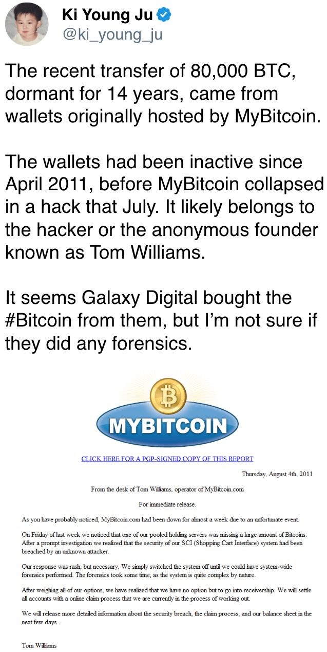最近转移的80,000 BTC，沉睡了14年，来自最初由MyBitcoin托管的钱包。