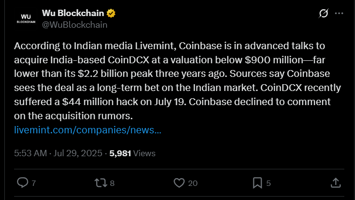 Coinbase可能收购CoinDCX