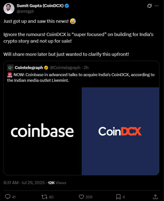 Coinbase and CoinDCX Acquiring Rumours