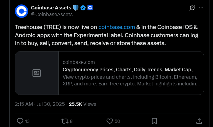 Coinbase上市TREE币