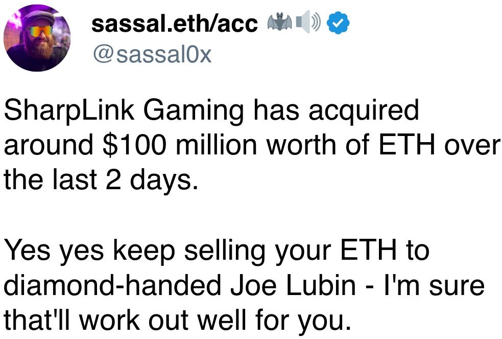 SharpLink Gaming在过去两天内收购了约1亿美元的ETH。