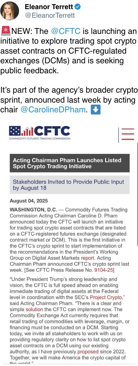 CFTC正在启动一项倡议，探索在CFTC监管的交易所（DCMs）上交易现货加密资产合约，并寻求公众反馈。