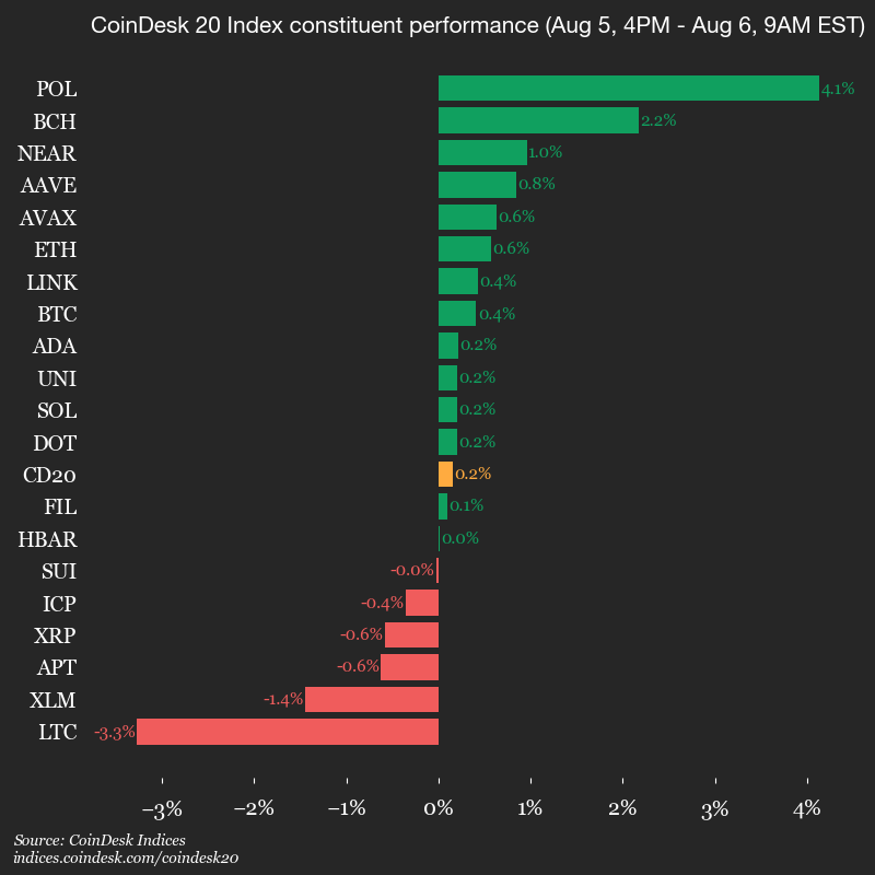 9am CoinDesk 20 Update for 2025-08-06: vertical chart 9am CoinDesk 20 Update for 2025-08-06: vertical