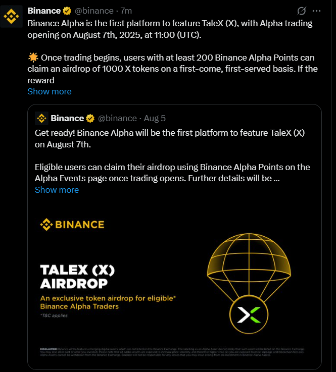 TaleX 空投上线日期在 Binance Alpha
