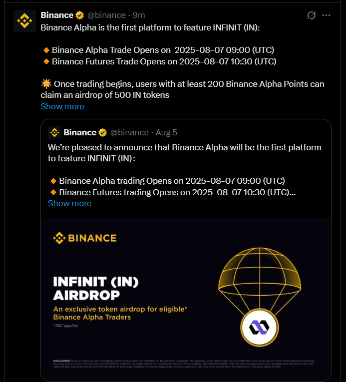 INFINIT 空投上线日期在 Binance Alpha