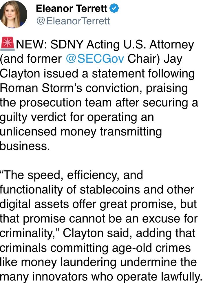 SDNY Acting U.S. Attorney (and former @SECGov Chair) Jay Clayton issued a statement following Roman Storm’s conviction SDNY Acting U.S. Attorney (and former @SECGov Chair) Jay Clayton issued a statement following Roman Storm’s conviction