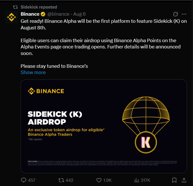 Sidekick 在 Binance Alpha 上的上市