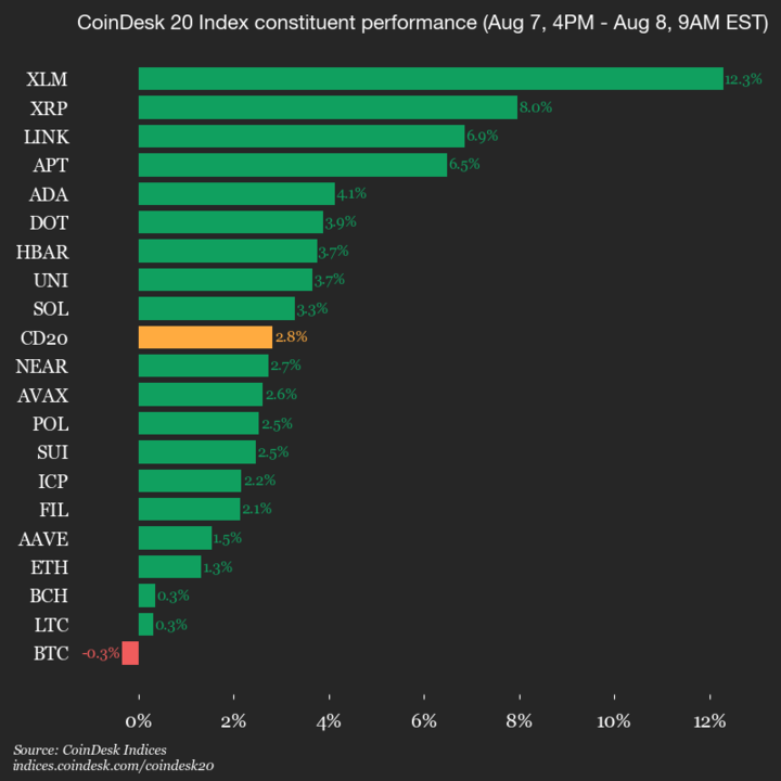 9am CoinDesk 20 Update for 2025-08-08: vertical