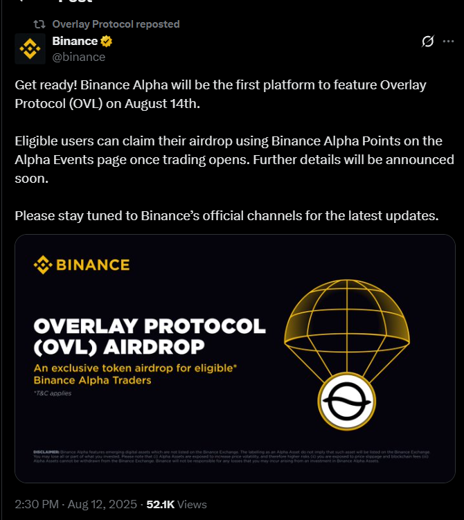 Binance Alpha 上市 OVL