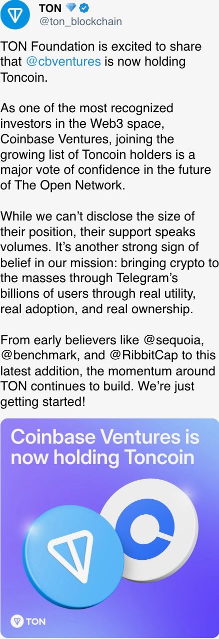 TON Foundation is excited to share that @cbventures is now holding Toncoin. TON Foundation is excited to share that @cbventures is now holding Toncoin.