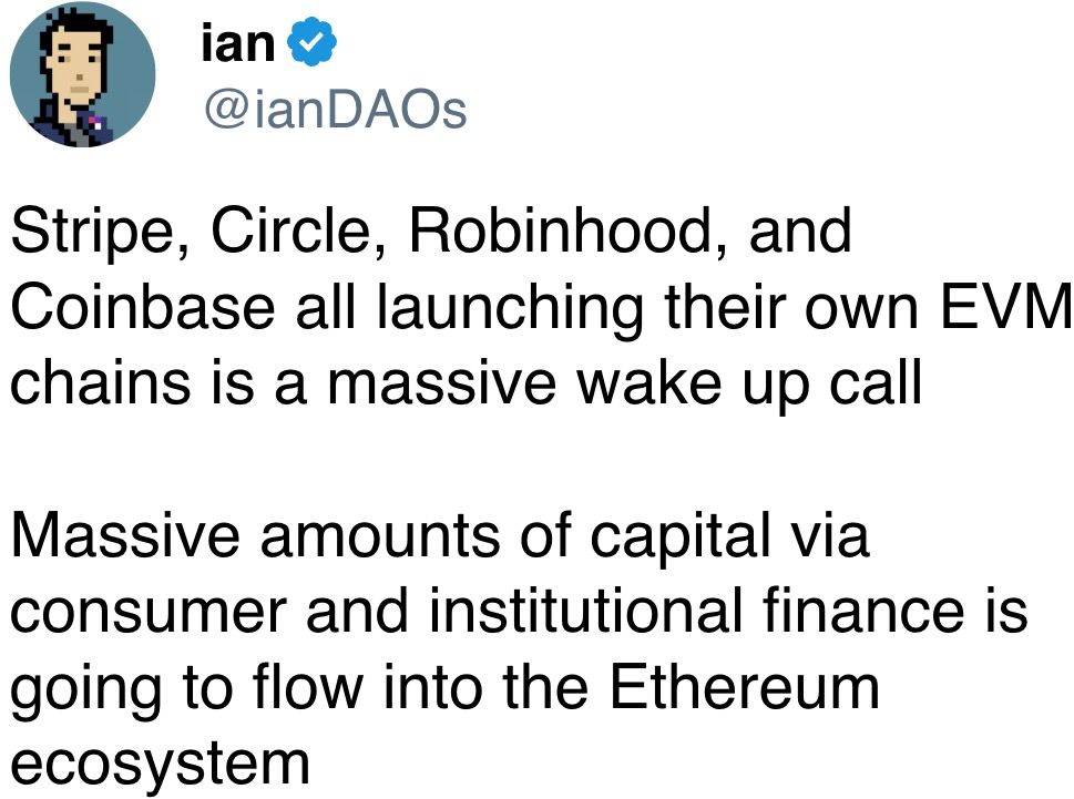 Stripe、Circle、Robinhood 和 Coinbase 都在推出自己的 EVM 链，这是一声巨大的警钟