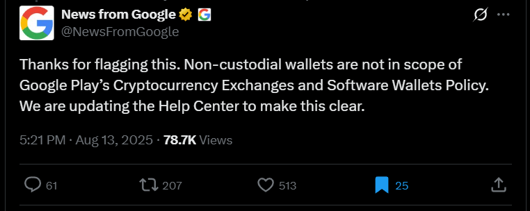 Google Play Store Clears the Air: Non-Custodial Wallets Will Not Be Banned