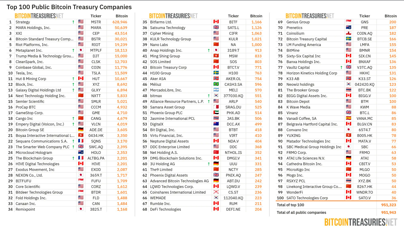 Top 100 Bitcoin Holding companies