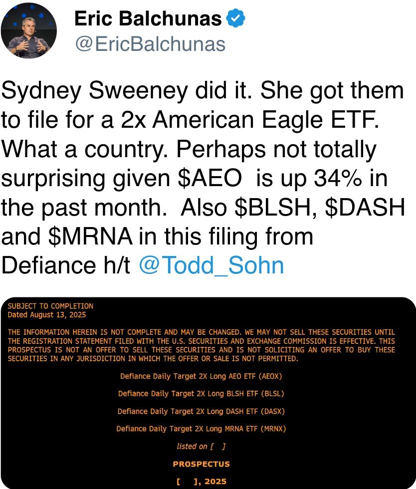What a country. Perhaps not totally surprising given $AEO  is up 34% in the past month.  Also $BLSH, $DASH and $MRNA in this filing from Defiance h/t  @Todd_Sohn