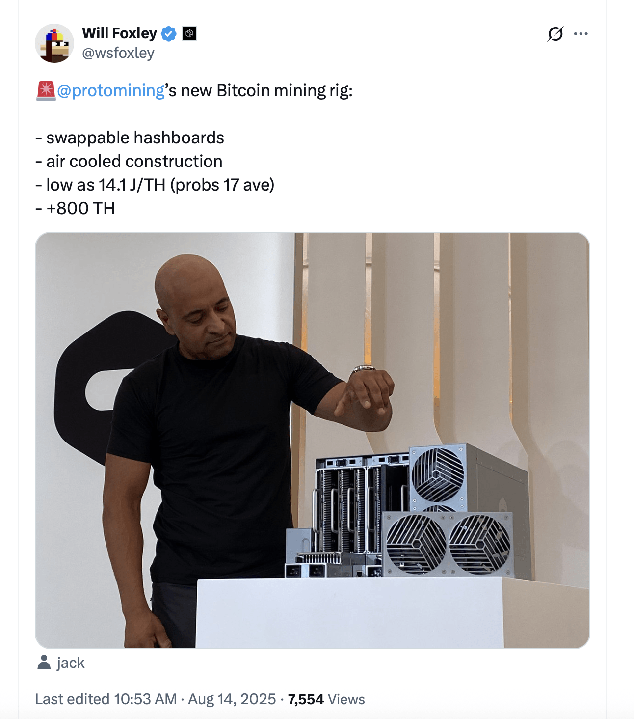 Block 以空气冷却的 Proto Rig 目标挖矿去中心化，提供高达 819 TH/s 的算力