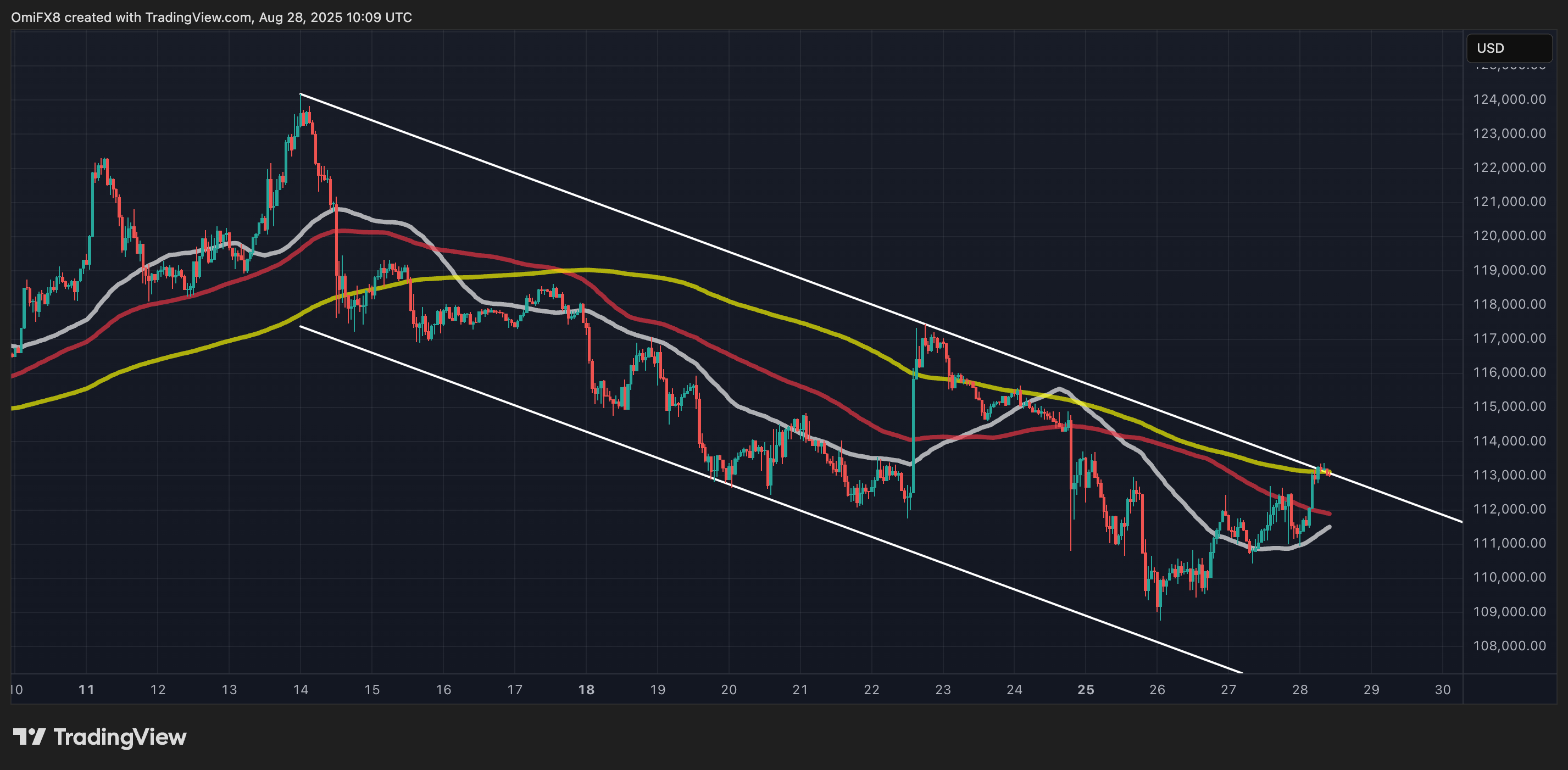 BTC的小时价格走势（蜡烛图格式）。（TradingView/CoinDesk）