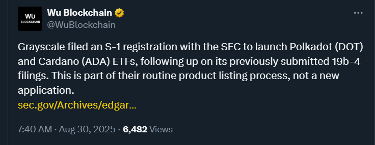 Grayscale 推出 Polkadot（DOT）和 Cardano（ADA）ETF