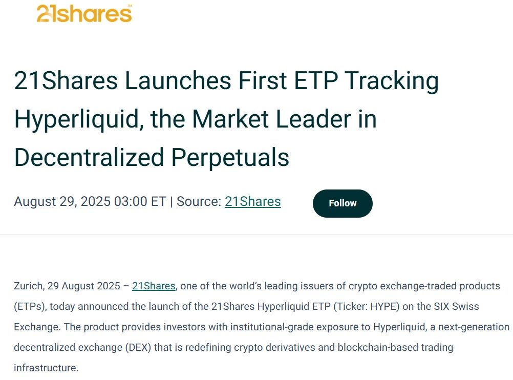 21shares hyperliquid ETP launch on SIX Swiss Exchange