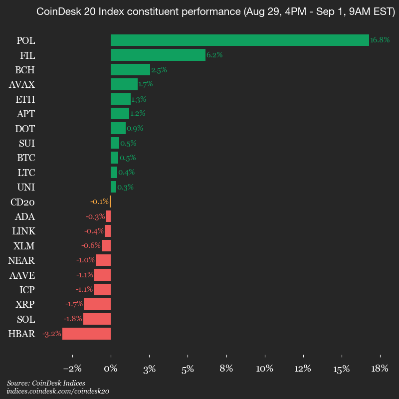 CoinDesk 20 performance Aug. 29 - Sep. 1 (CoinDesk Indices)