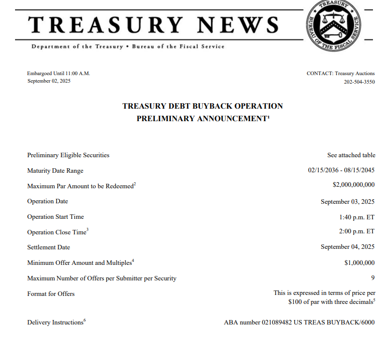 US treasury Buyback $2B Debt