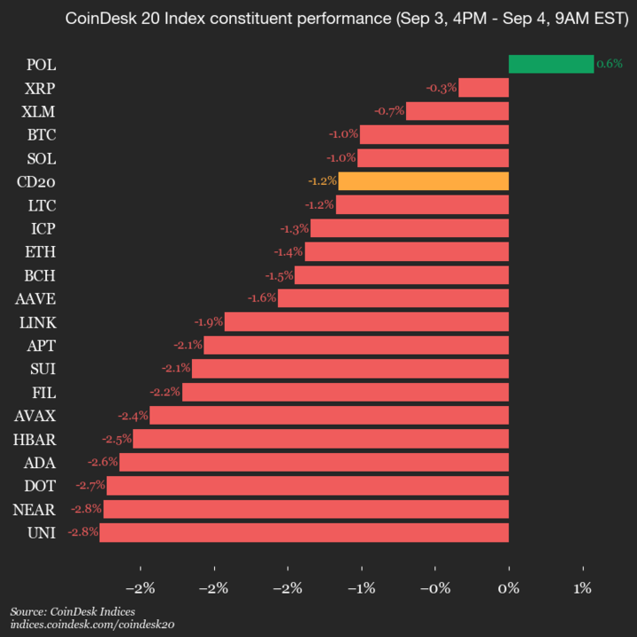 9am CoinDesk 20 Update for 2025-09-04: vertical chart 9am CoinDesk 20 Update for 2025-09-04: vertical