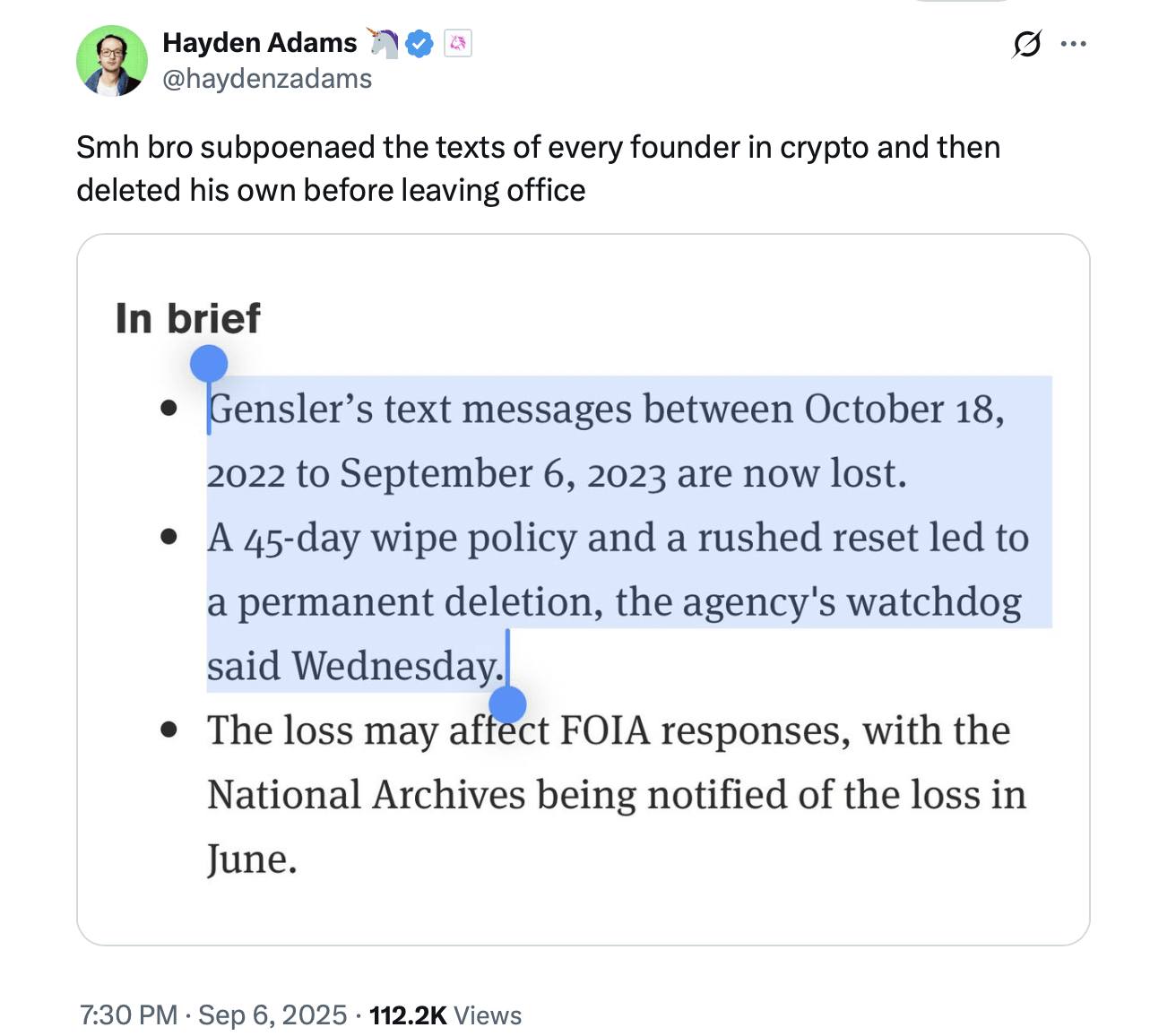 Erased Gensler Texts Ignite Crypto Backlash as SEC Watchdog Faults 'Avoidable Errors'