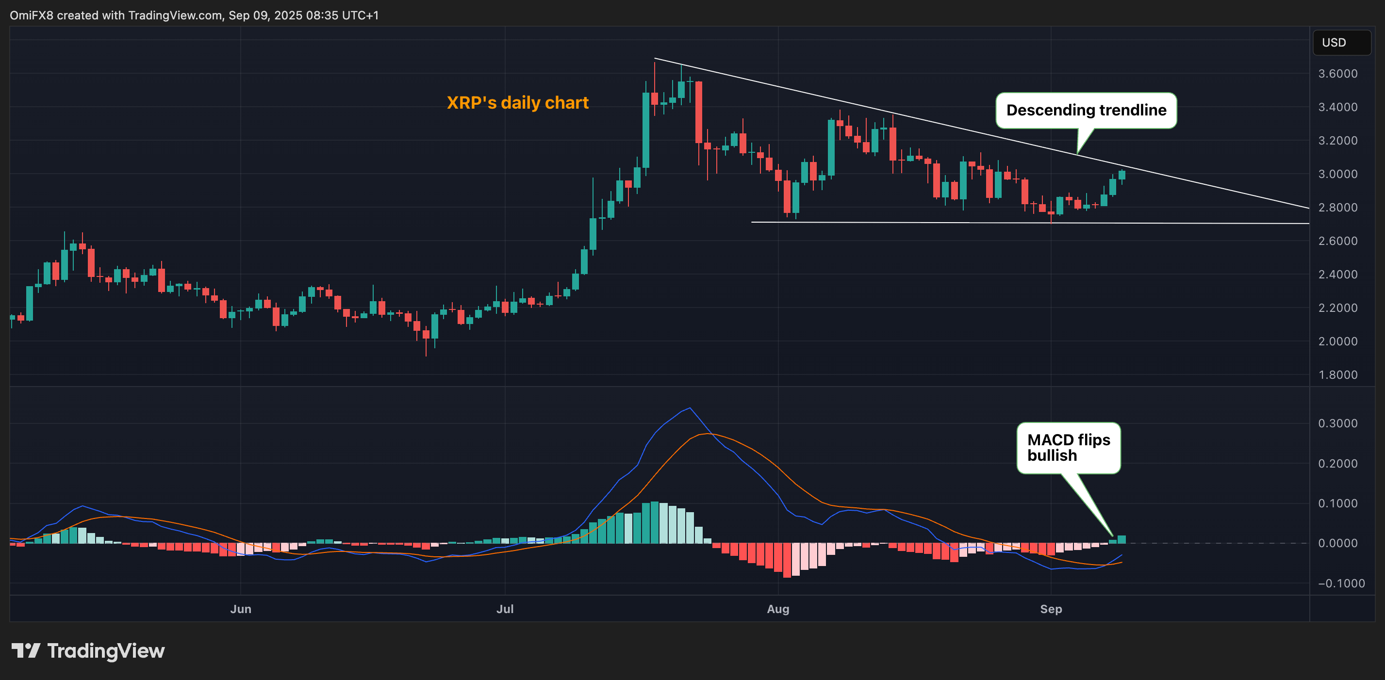 XRP的日线图，带有下降趋势线和MACD。(TradingView/CoinDesk)