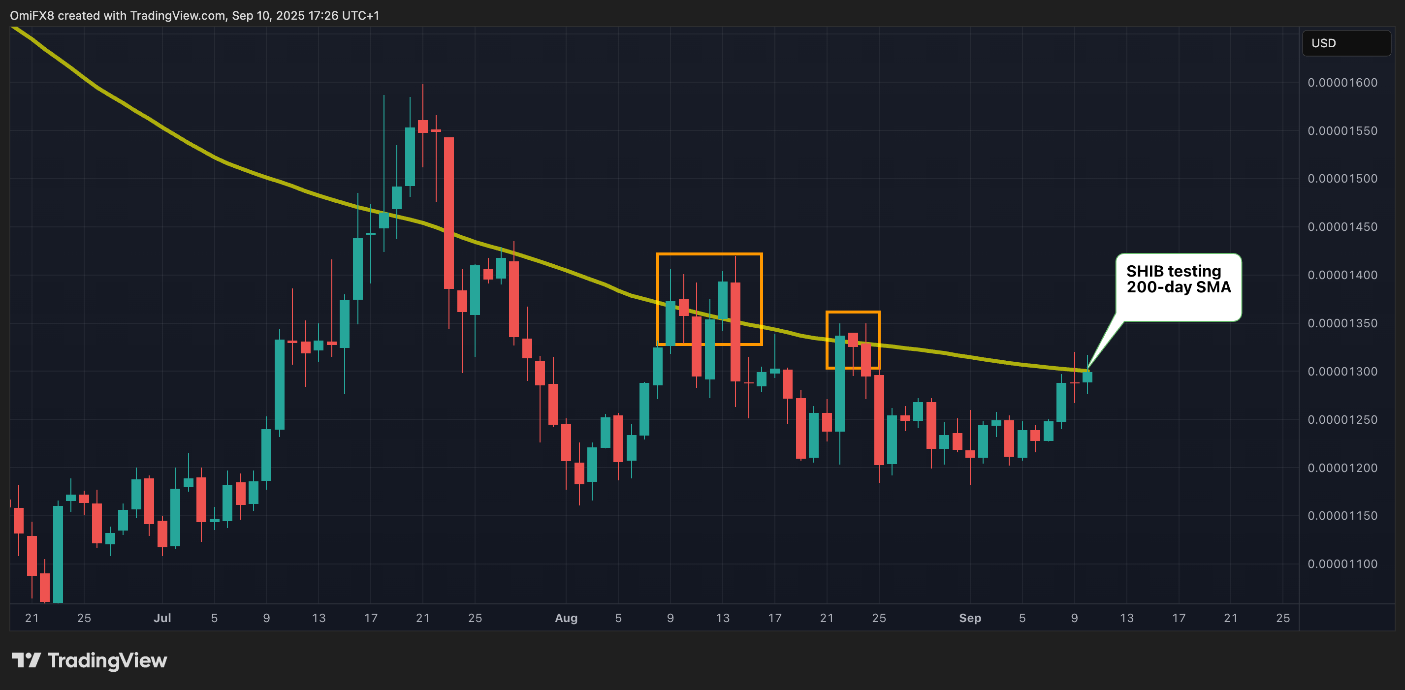 SHIB的日线图与200日SMA. (TradingView/CoinDesk)