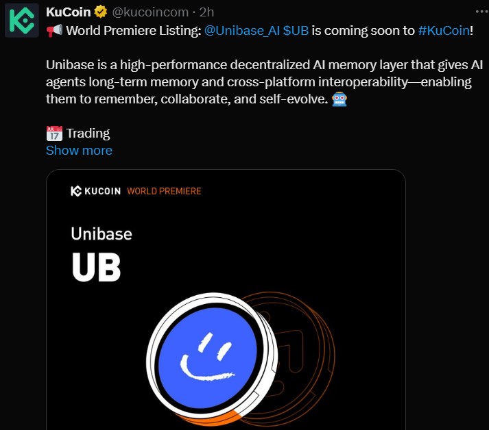 Unibase多交易所上线：Kucoin上市