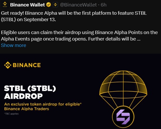 Binance Alpha STBL Listing Date September 13