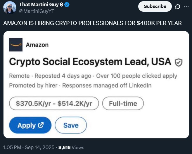 Amazon Is Hiring Crypto Professionals