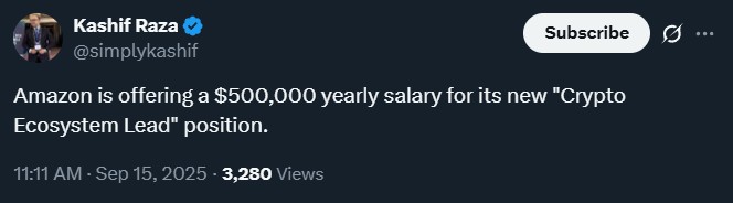 Amazon Hiring Crypto Professionals for $500K