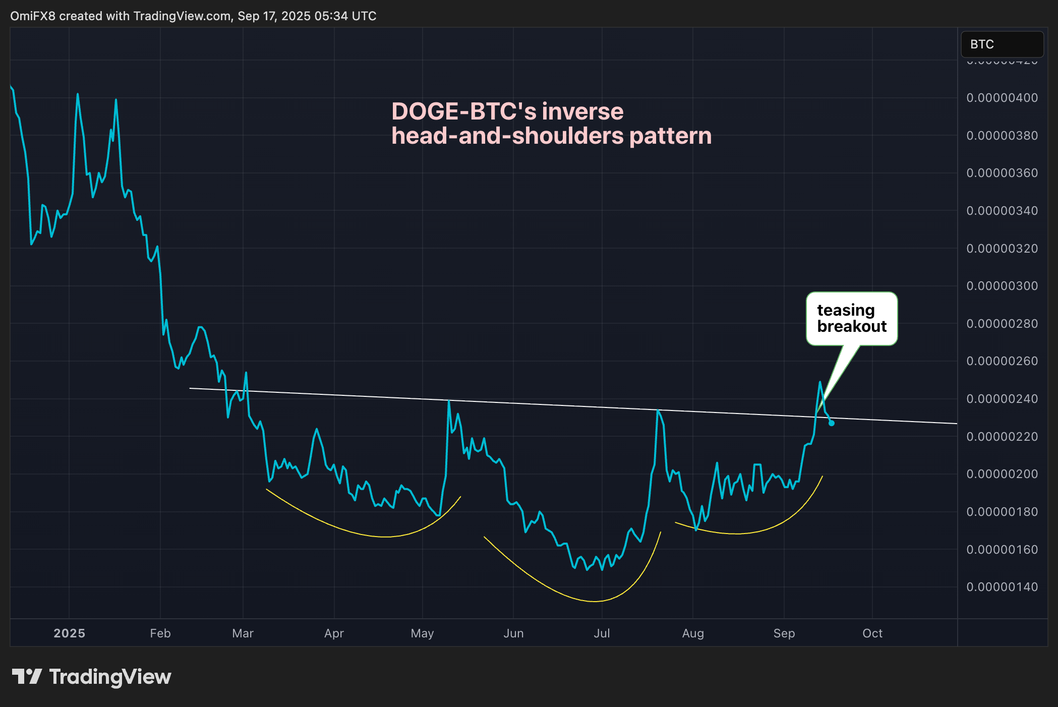 DOGE/BTC的日价格图表。 (TradingView/CoinDesk)