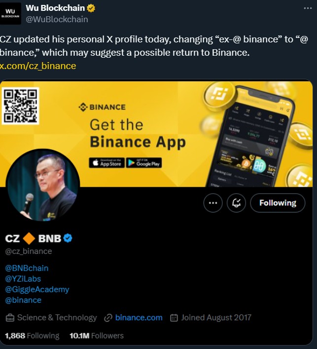 前 CEO 赵长鹏（CZ）是否将重返 Binance？