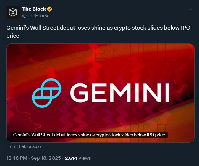 Gemini Wall Street IPO Prcie Falls