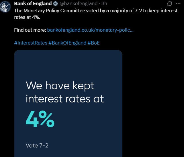 Bank of England Interest Rate 4% Remain Unchanged