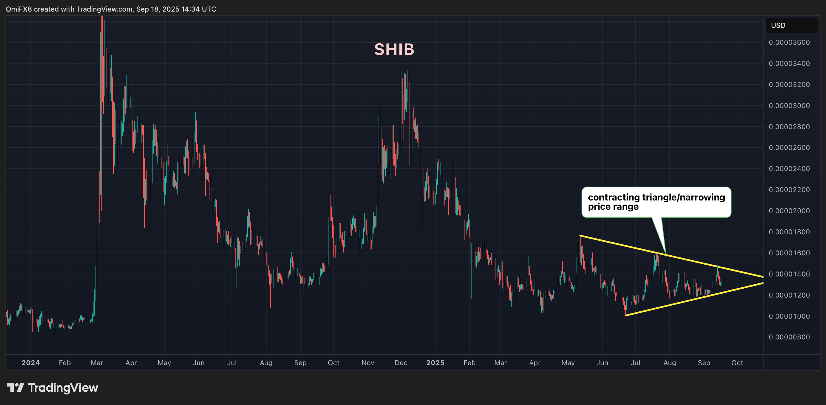 SHIB's daily price chart in candlestick format. (TradingView/CoinDesk)