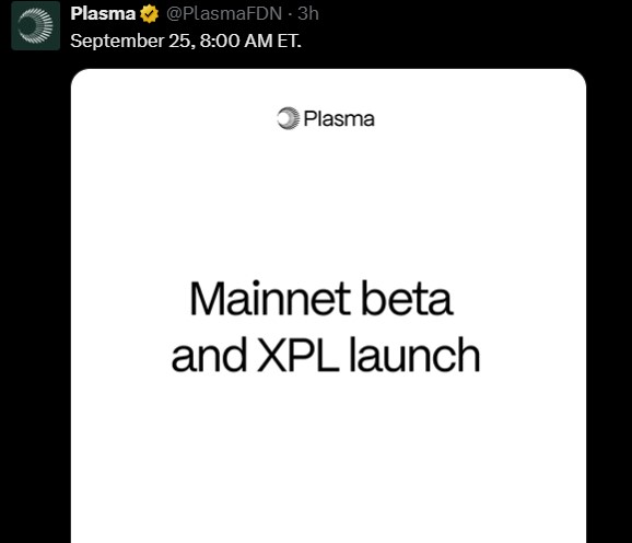 XPL TGE and Plasma Mainnet Beta Launch September 25
