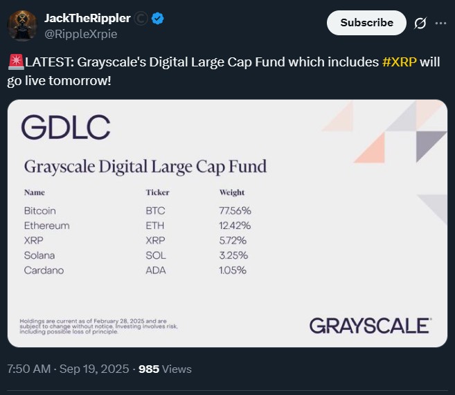 Grayscale Digital Large Cap Fund Adds XRP.