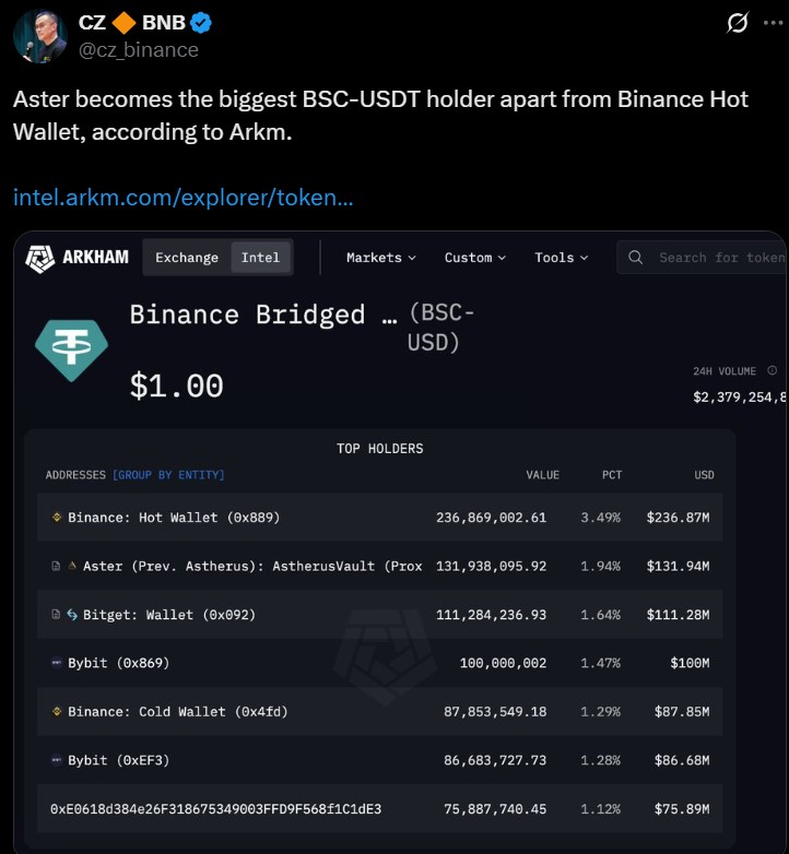 CZ 推广 Aster 作为 BSC-USDT 最大持有者