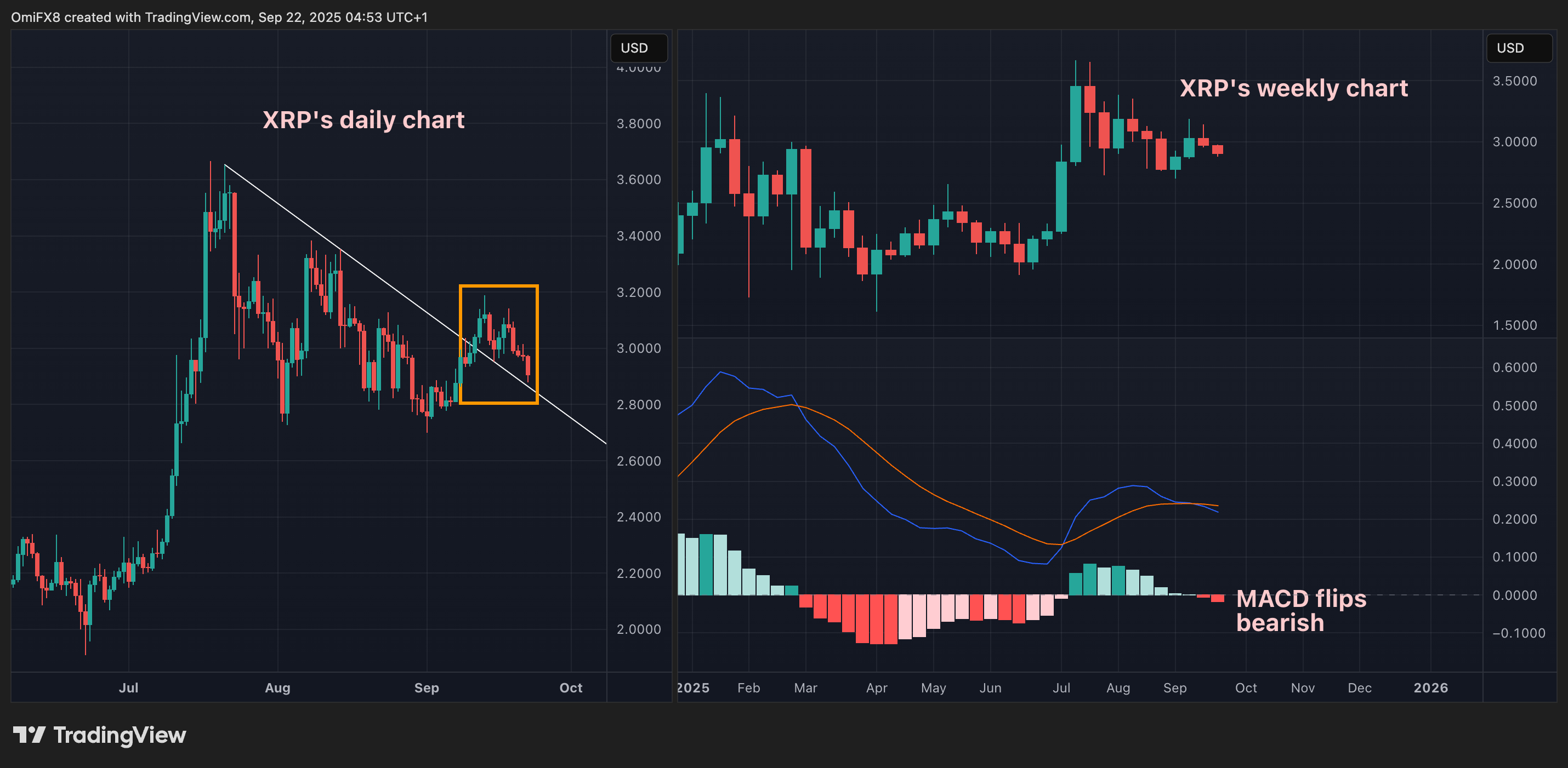 XRP的日线和周线蜡烛图。(TradingView/CoinDesk)