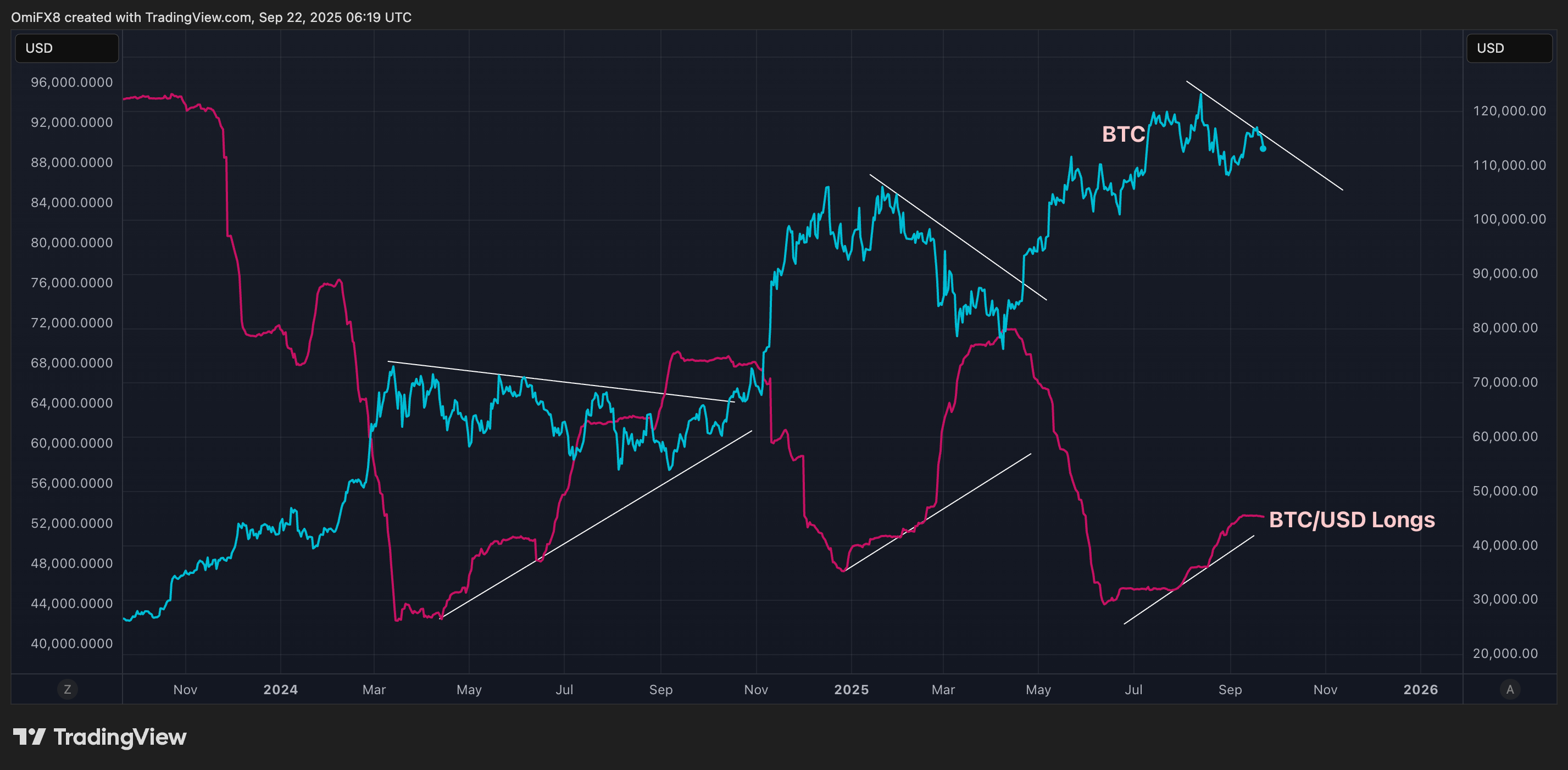 Bitfinex上BTC/USD多头与BTC现货价格的每日比较。(TradingView/CoinDesk)