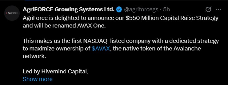 AgriFORCE Rebrand as AVAX One